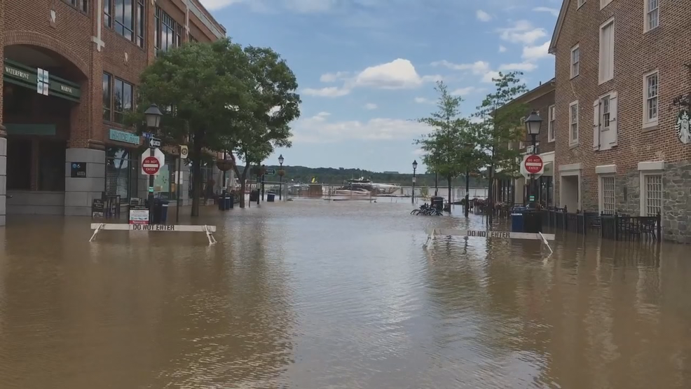 Old Town Alexandria underwater as tide comes in along the Potomac River